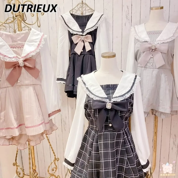 Japanese Style Women's Outfits Sailor Collar Plaid Rhinestone Bow Dress Shorts Set Sweet Mine Series Dress Two-Piece Suit - AliExpress 