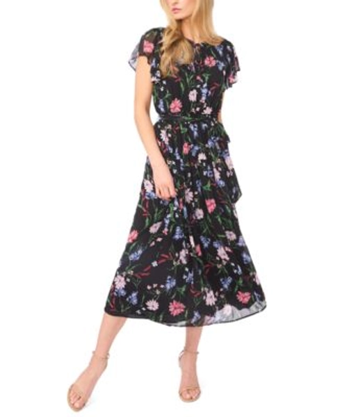 Women's Ruffle Detail Tie Neck Midi Dress