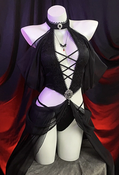 Gothic Elf Style Black Bodysuit and Sleeves with Hat and Necklace