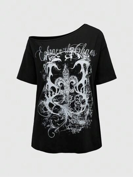 ROMWE Goth Women's Y2K Subculture Punk Style Vintage Faded Vine Print Loose Oversized Drop Shoulder T-Shirt, Spring/Summer, School