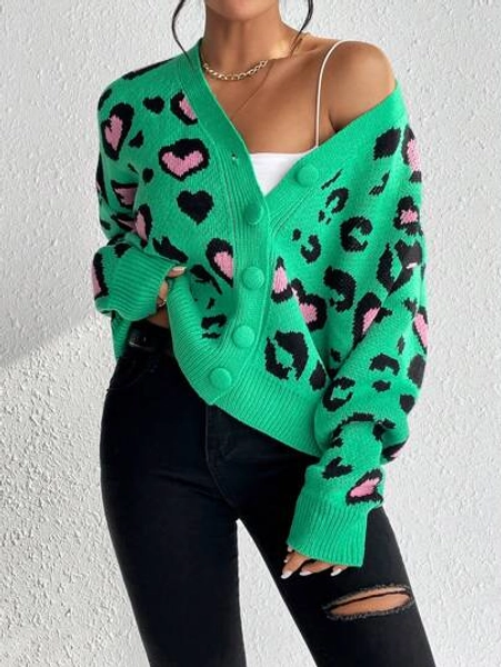 SHEIN LUNE Leopard Pattern Drop Shoulder Cardigan,Long Sleeve Tops Fall Winter Cloth For Women
