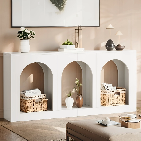 Extra Long 70.86" Modern Farmhouse Console Table with Arched Open Shelf & Storage - White & Natural Wood Finish, Sturdy Engineered Wood Construction, Easy Assembly Narrow Entryway Sofa Table for Hallway, Living Room, Behind Couch - Space-Saving Design with Two-Tier Storage, Contemporary Style, Sturdy Hardwood Frame, and Minimalist Aesthetic for Versatile Home Decor, Console Table For Living Room, Living Room Table, Sofa Table With Drawers, Furniture For Home,