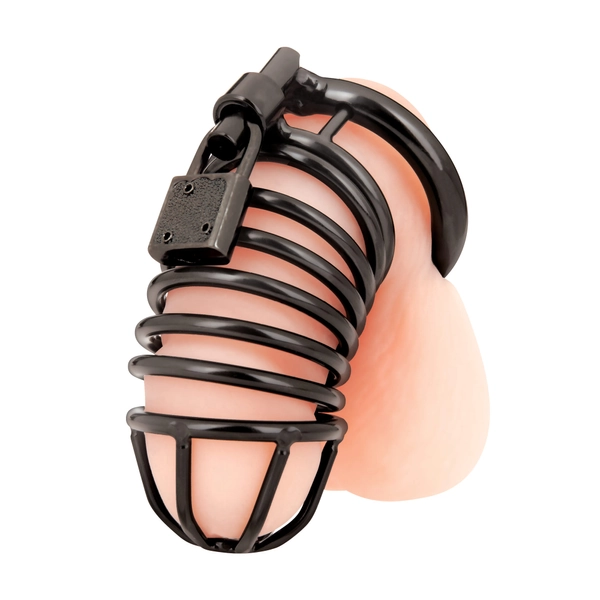 deluxe chastity stainless steel cock cage - black