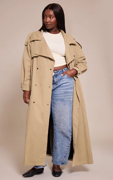 Plus Light Khaki Popper Detail Trench Coat