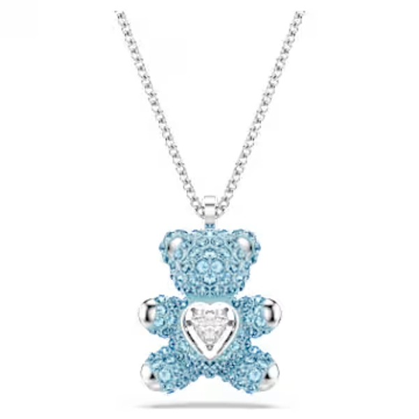 Teddy pendant, Bear, Blue, Rhodium plated