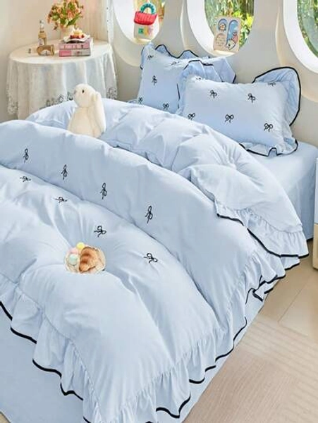 3pcs Ruffles Embroidery Bow Duvet Cover Set King Size Soft Fabric Bedding Comforter Cover Set With Zipper Ties For Girls Bedroom ,Room Decor , Breathable, Easy Care