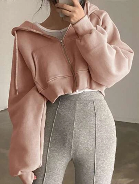 DAZY 1pc Women Casual Solid Color Cropped Hooded Fleece Sweatshirt,Long Sleeve Tops,Fall Women Clothes Jacket