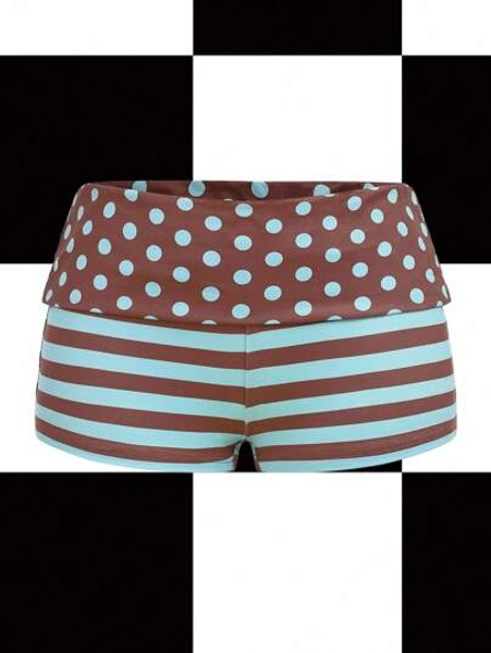 Y2Kool Annarte Mint Green, Brown, Color Block, Striped, Polka Dot, Y2K, Streetwear, Casual Women's Shorts, Suitable For Summer, Vacation, Gathering, Party, Daily Wear Polka Dot Swim Shorts Striped Swim Shorts Women Swim Shorts Cheeky Shorts Sexy Short Matching Idea Stylish Clothing Collection New Year Outfits Gyaru Graphic Shorts Beach Shorts Spring Outfits Women Birthday Outfit For Women Carnival Clothes