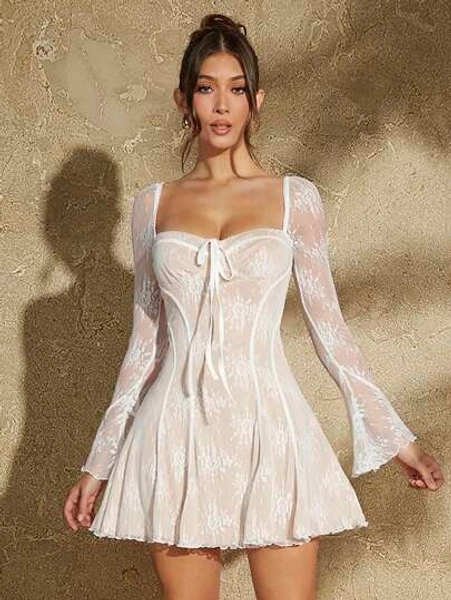 SHEIN BAE Lace Bustier Style Ruffled Trim Pleated Women's Dress Summer Outfits For Women/Spring Clothes/Valentine Day Outfit/Carnival/Beach Vacation Outfits Nashville Outfits,White Graduation Dress