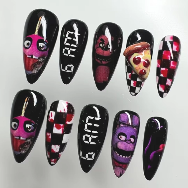 Handmade Horror Arcade Press on Nails | 3D Pizza & Digital Clock Art | Black Checker Nails for Gamer Gothic Vibe - Etsy Ukraine