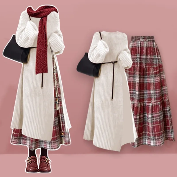 Knit Sweater Dress Plaid Skirt Two Pieces
