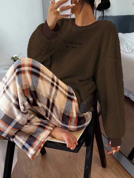 SHEIN Women's Casual Fleece Letter Embroidered Long Sleeve Top & Plaid Pants Pajama Set, Fall/Winter Clothes, Fluffy, Cozy