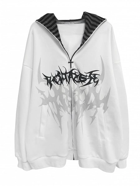 [$43.00]White Emo Punk Graphic Zip Hoodie