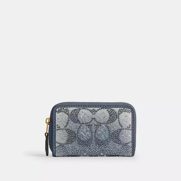 Essential Small Zip Around Card Case In Regenerative Cotton Denim With Crystal Signature