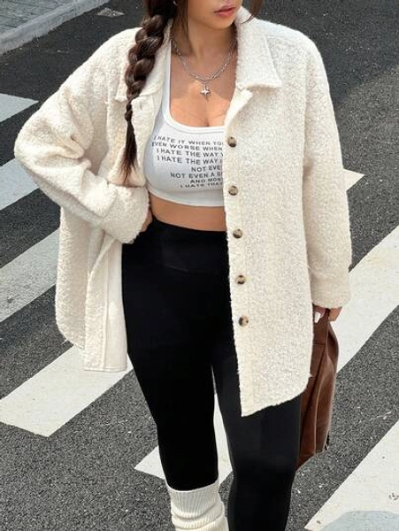 Muchica Plus Size Women's Solid Color Drop Shoulder Long Sleeve Single-Breasted Casual Loose Shirt, Autumn