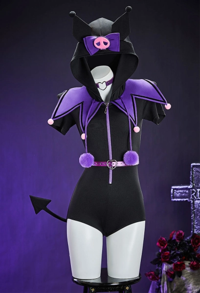 Anime Doll Black Purple Summer Homewear Cute Hooded Bodysuit with Tail and Belt