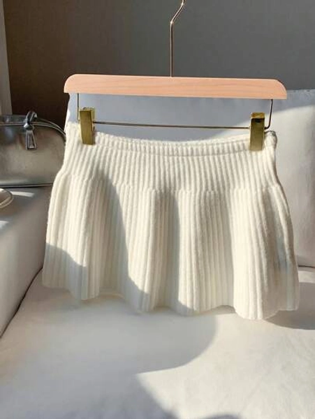 Comfortcana 1pc Women's Autumn/Winter Solid Color Ribbed Mini Casual Knitted Skirt