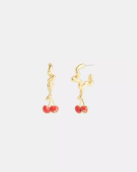 Gold/Red Cherry Wavy Huggie Earrings