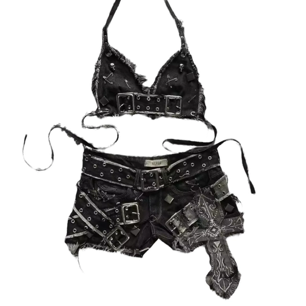 Black gothic punk top and shorts set
Denim...