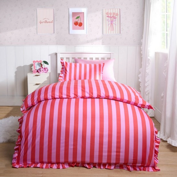 OHS Frill Duvet Cover Bedding Set Stripe Pink