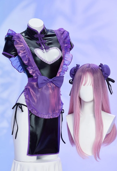 BAO MAID Sexy Lingerie Set Halloween Purple Maid Style Chest Open Cheongsam Dress with Apron Thong