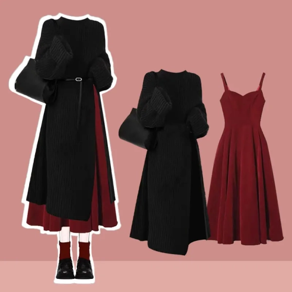 Knit Sweater Dress Slip Dress Two Pieces