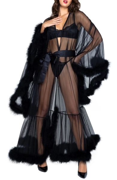 Hollywood Glam Feather Trim Mesh Robe
