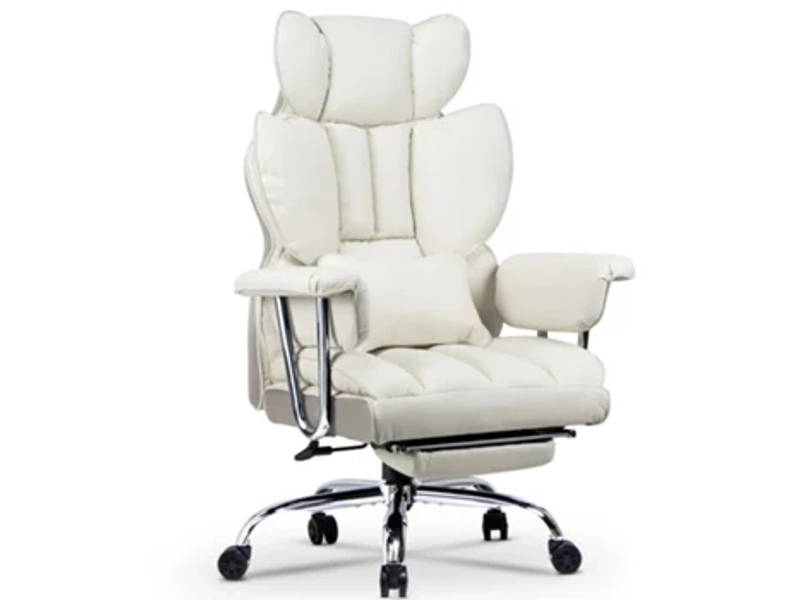 Cadeira de escritório ergonómica BOTIFLY cadeira de chefe executiva grande em couro PU com apoio para os pés com almofada de apoio lombar Branco
