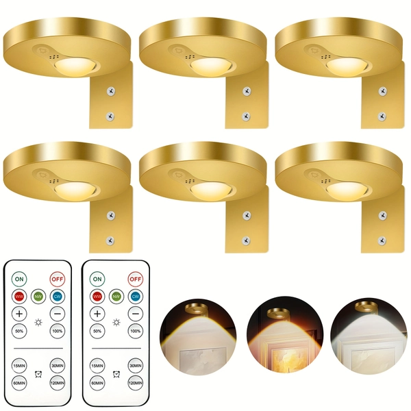TEMU 6pcs Rechargeable Picture Lights For Wall, 1200mah Battery Operated Wall Frame Lights, Lights With Remote, Dimmable & Timer For Paintings