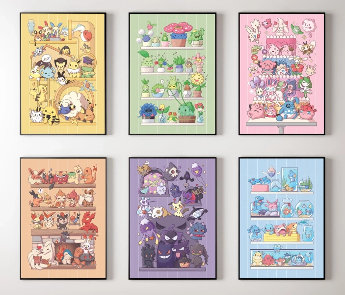 Pokemon Type Shelf Poster Set, Anime Monster Collection Wall Art Prints Game Room Decor