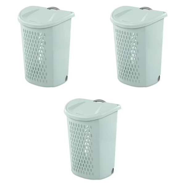 Sterilite Ultra™ Wheeled Hamper, Plastic Laundry Hamper with Wheels for Easy Transport, Mint, 3 Pack