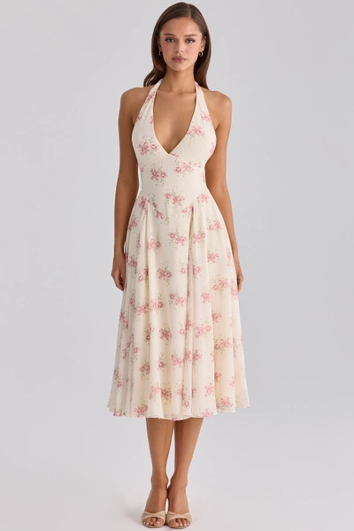 Solada Ivory Vintage Rose Print Georgette Midi Halter Dress
