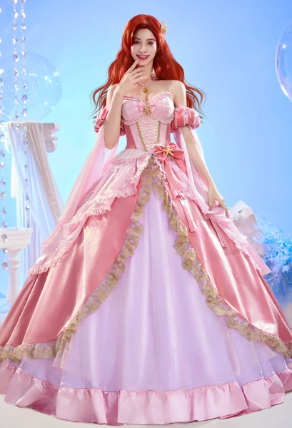 The Little Mermaid Princess Cosplay Costume Pink Dress with Neckpiece and Sleeves