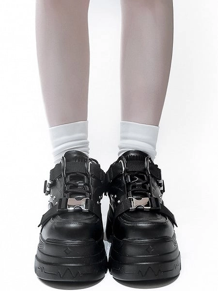 Matte Black Platform Sneakers - Stud Details with Side Release Buckle & Lace-Up 
