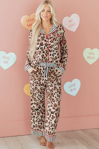 Leopard Colorblock Stripe Edge Shirt and Pants Paj - KHAKI / M