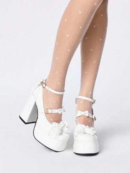 ROMWE Kawaii Women's White High Heel Shoes, Closed Toe Mary Jane Style With Buckle Strap, Waterproof Platform, Lolita Gothic Sweet JK Fashion Bow Decor Pumps For Christmas