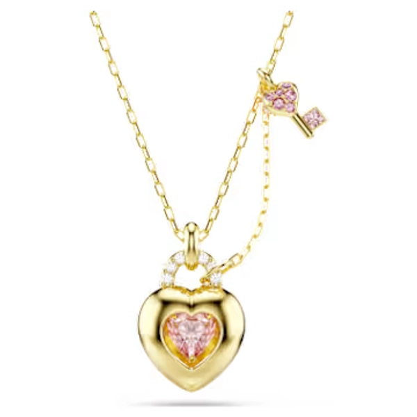 Idyllia pendant, Mixed cuts, Heart, Key, Pink, Gold-tone plated