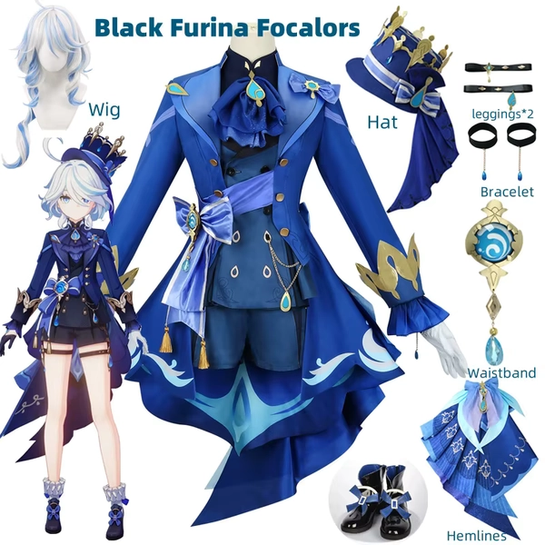 Furina Cosplay Costume Wig Hair Impact Fontaine Focalors with Hat Black Suits High Heel Cosplay Shoes for Women Outfits - AliExpress 200000532