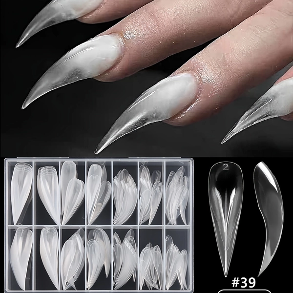 140pcs/Box Clear Curved Claw Nail Tips, Full Cover Long Stiletto False Nail Tips, 14 Size Acrylic Nail Extensions for Gothic And Cosplay Nail Decoration, Salon And Home Manicure Supplies