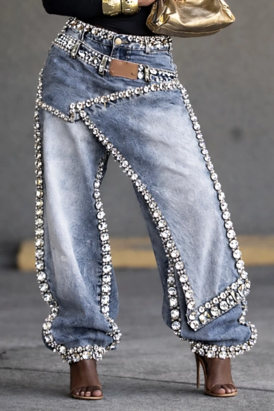 Women's Rhinestone-studded Faux Two-piece Jeans