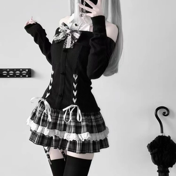 Conjunto de falda gótica japonesa Y2k Lolita para mujer, dulce lazo de encaje, Top tejido con hombros descubiertos, minifaldas a cuadros, traje ajustado Kawaii - AliExpress 200000345