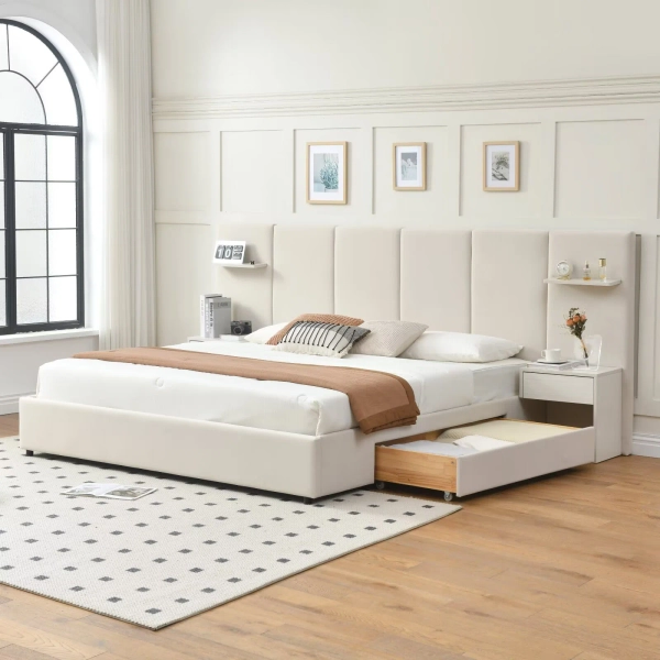 Mercer41 Bed Frame With Hotel-Style Extended Headboard, Velvet Upholstered Platform Bed Frame With Attached Nightstands & Large Drawers, Floating Shelves & Reviews | Wayfair