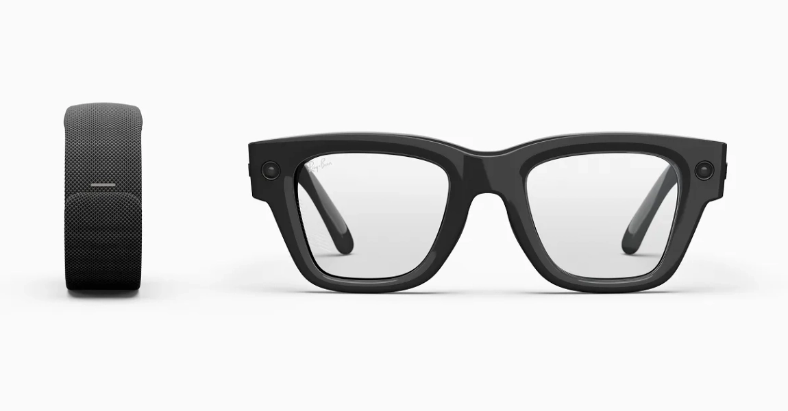 Meta Ray-Ban Display Glasses with Shiny Black Frames, Transitions Lenses, and Charcoal Black Neural Band