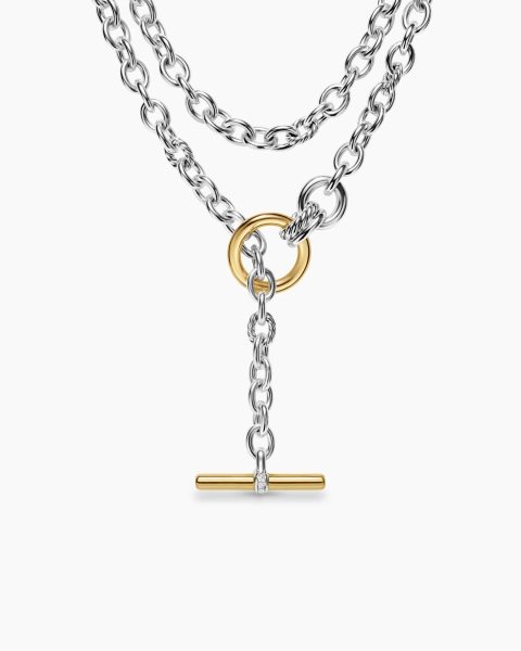 DY Mercerยฎ Double Row Toggle Chain Necklace in Sterling Silver with 18K Yellow Gold and Diamonds, 8mm