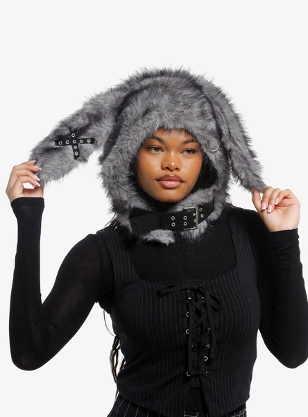 Grey Bunny Buckle Fuzzy Hood