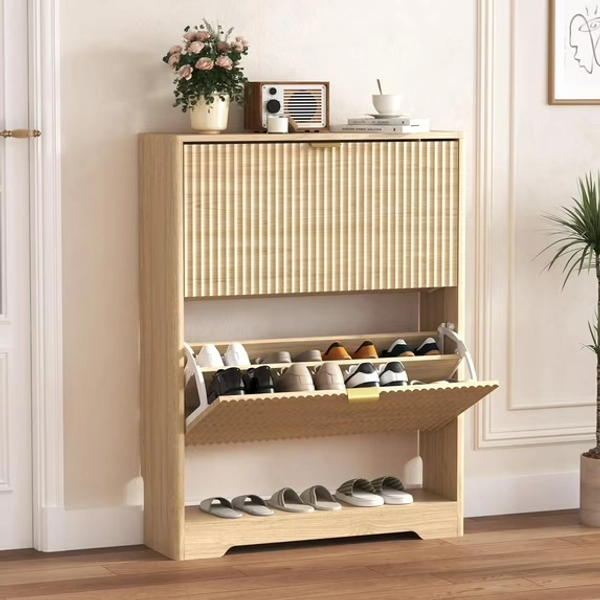 FANRAL Shoe Storage Cabinet with 2 Flip Drawers & Open Storage,Wood Shoe Rack Organizer,Fluted Freestanding Narrow Shoe Cabinet for Entryway,Hallway,Natural Oak