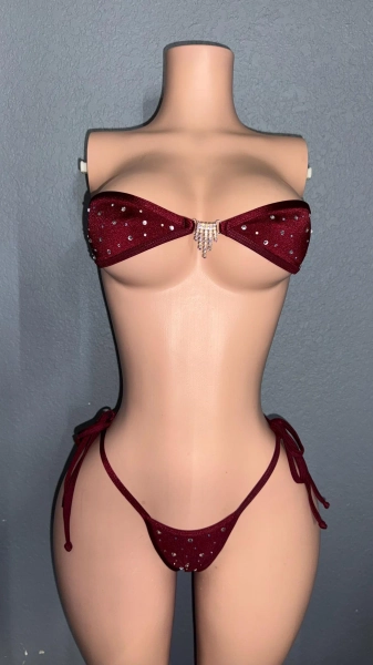 Deep burgundy rhinestone bandeau bikini | Stripper outfit | Exotic Dancewear