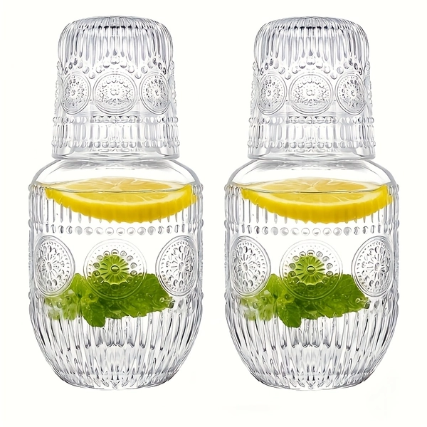 TEMU Set Of 2 Elegant Glass Bedside Water Jug And Cup, With Lid - Transparent Glass Jug And Cup, Durable Glass Construction, Modern Decorative