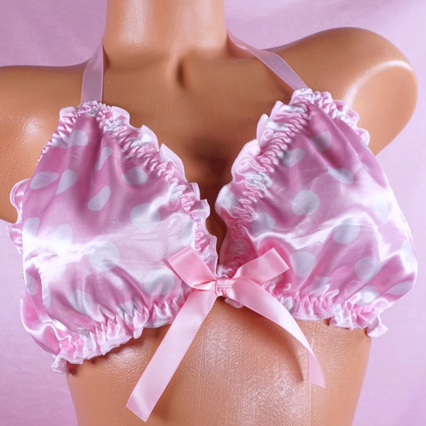 Pink Polka Dot Ruffled super shiny lined Satin Sissy tie up halter triangle men's OS bra