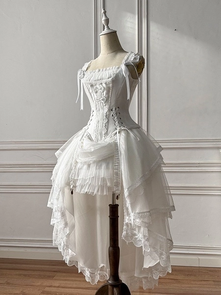[$124.00]White Shiro Lolita Boned Corset Top + High-low Layered Tulle Skirt